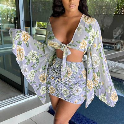 Floral Pattern Deep V-Neck Bats Sleeve Crop Top & Skirt Set