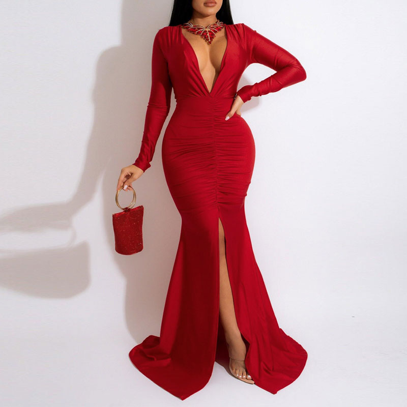 Solid Deep V-Neck Long Sleeve High Slit Maxi Dress