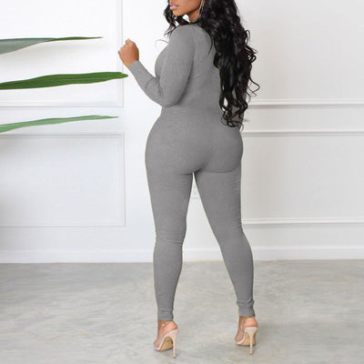 Solid Long Sleeve Zipper Design Skinny Jumpsuit