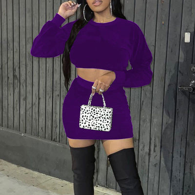 Velvet Long Sleeve Crop Top & Skirt Set