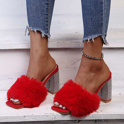 Solid Rhinestone Decoration Fluffy High Heels