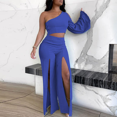 Solid One Shoulder Crop Top & High Slit Pants Set