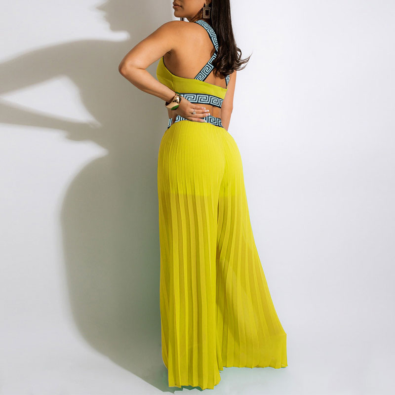 Print Sleeveless Crop Top & Wide Leg Pants Set