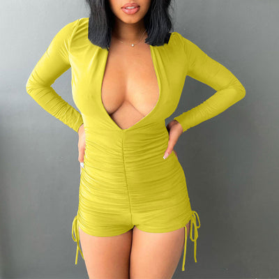 Solid Deep V-Neck Long Sleeve Ruched Drawstring Romper