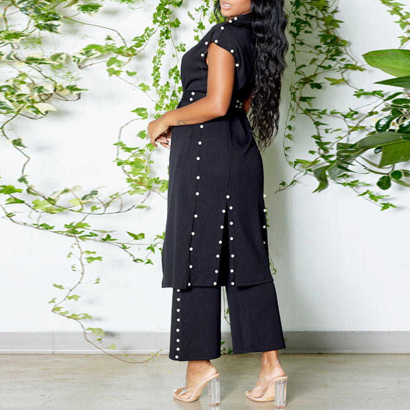 Beaded Deep V-Neck Belted Top & Wide Leg Pants Set