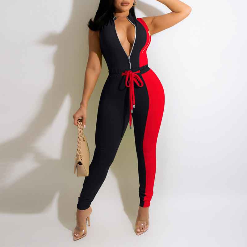 Colorblock Sleeveless Zipper Design Skinny Jumpsuit