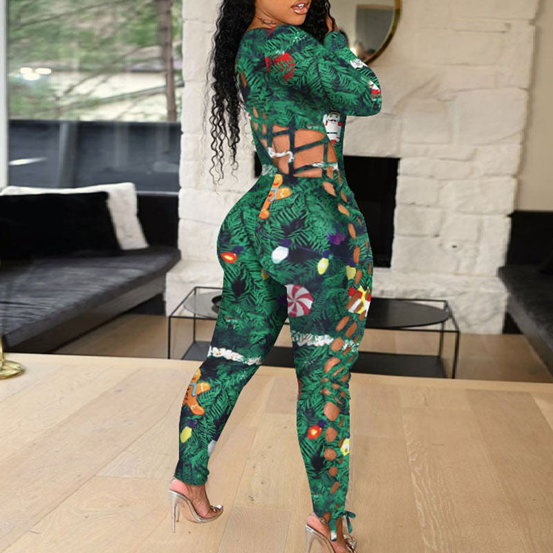 Christmas Print Long Sleeve Hollow Out Lace Up Jumpsuit