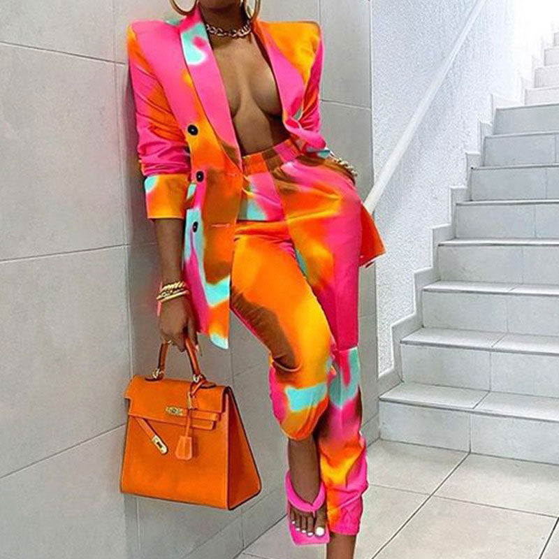 Tie Dye Print Double Breasted Blazer Coat & Pants Set