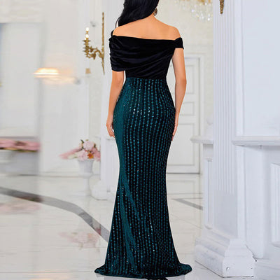 Sequins Off Shoulder Sleeveless Maxi Evening Dress