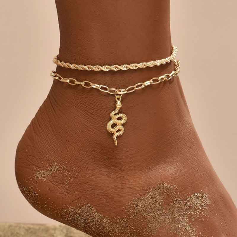 Snake Shaped Pendant Chain 2PCS Anklet Set