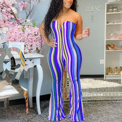 Stripe Patter Off Shoulder Bell Bottomed Jumpsuit