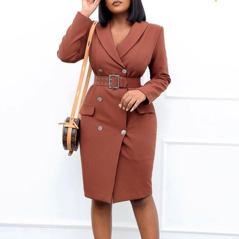 Solid V-Neck Long Sleeve Belted Blazer Dress