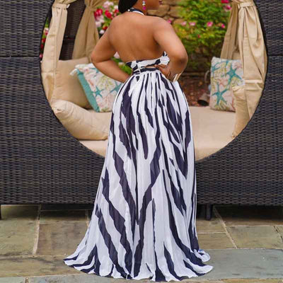 Print Sleeveless Halter Cut Out Big Swing Maxi Dress