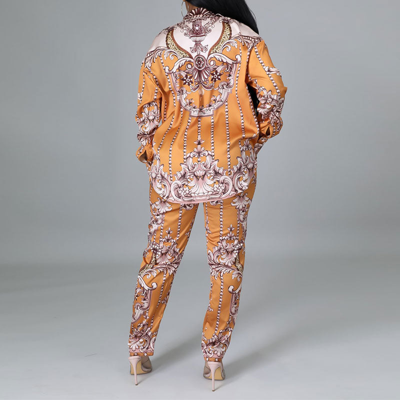 Print Long Sleeve Knotted Blouse & Pants Set