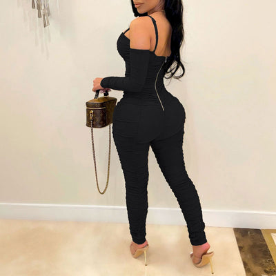 Solid Cold Shoulder Long Sleeve Ruched Jumpsuit