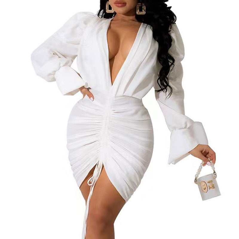 Solid Deep V-Neck Puff Sleeve Drawstring Bodycon Dress