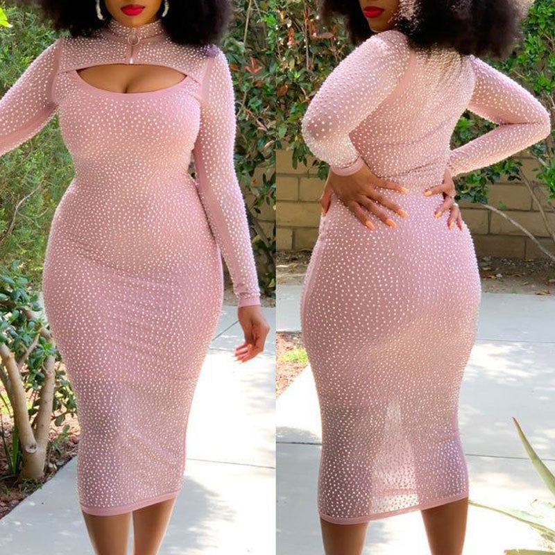 Rhinestone Long Sleeve Cut Out Bodycon Dress