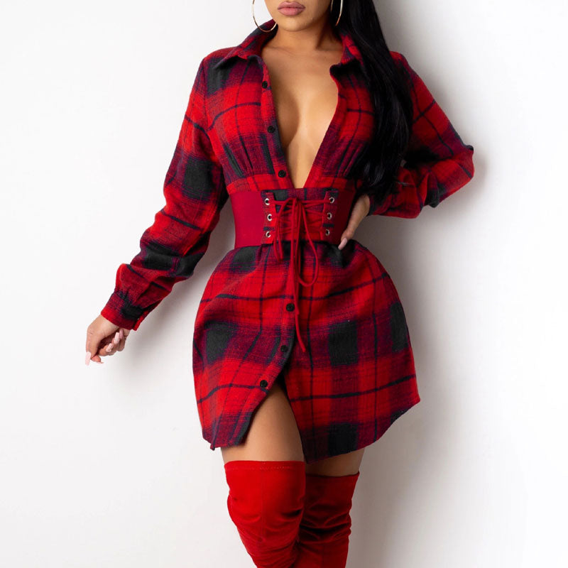 Plaid Pattern Long Sleeve Shirt Dress Without Belt