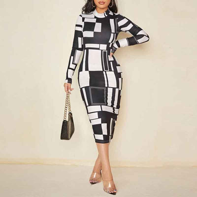 Print Long Sleeve Midi Dress