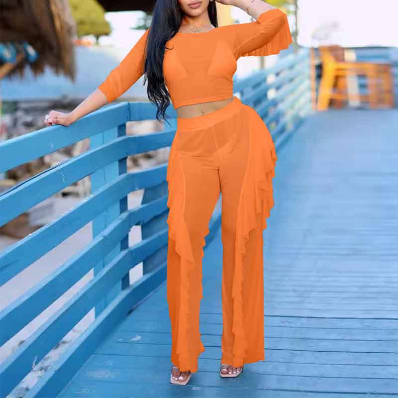 Solid Long Sleeve Ruffle Design Sheer Mesh 2PCS Pants Set