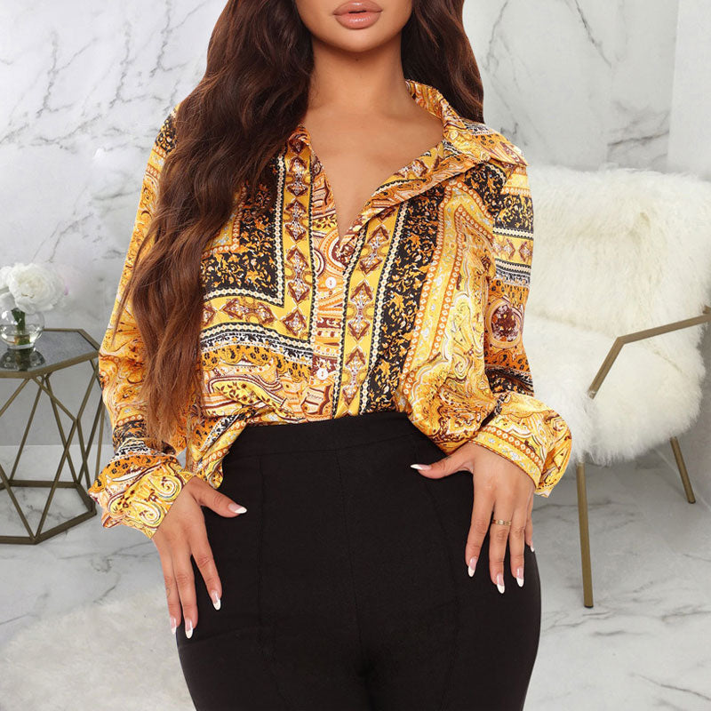 Print Long Sleeve Button Detailed Blouse