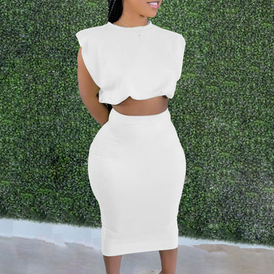 Solid Round Neck Sleeveless Crop Top & Skirt Set