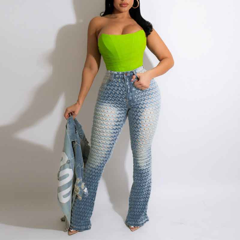 Hollow Out High Waist Denim Pants