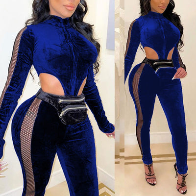 Solid Long Sleeve Sheer Mesh Patchwork Velvet Jumpsuit