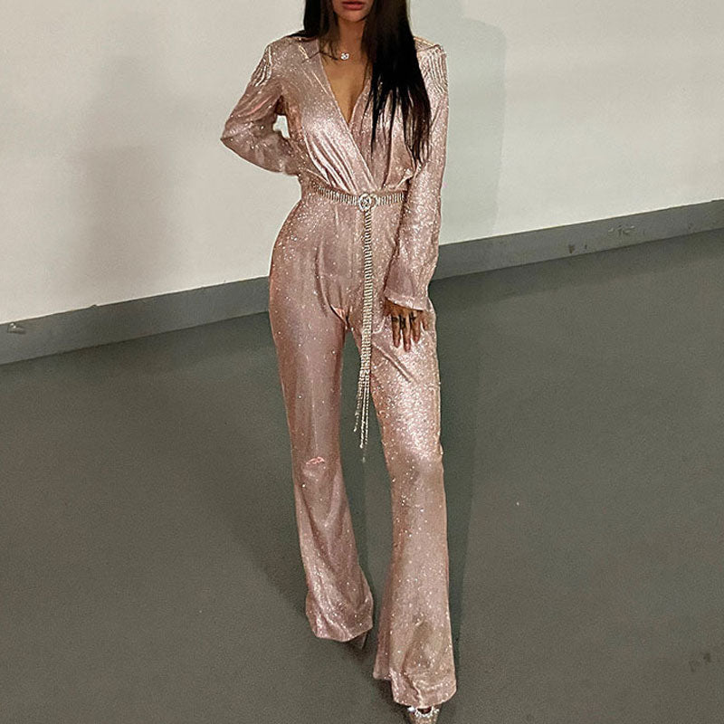 Glitter Deep V-Neck Long Sleeve Tassel Design Jumpsuit With Rhinestone Belt