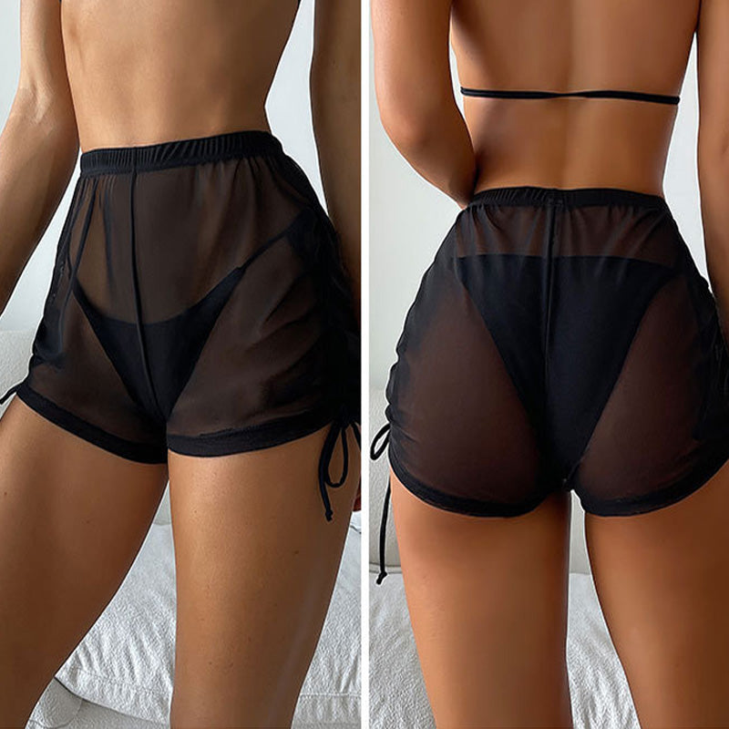 Solid Sheer Mesh Drawstring Beach Shorts