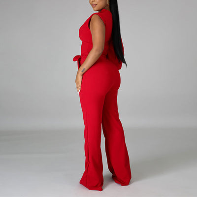 Solid One Shoulder Belted Wide Leg Jumpsuit