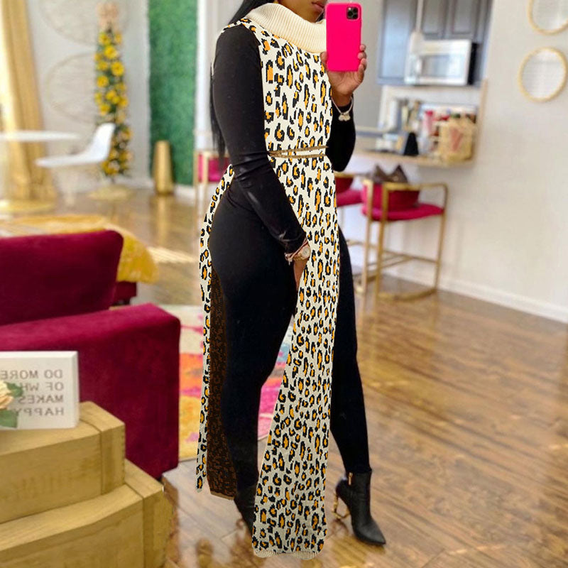 Leopard Print High Slit Knitted Dress