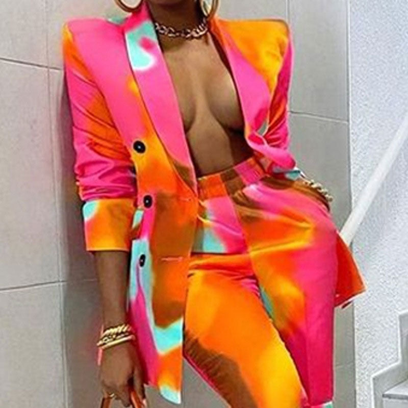 Tie Dye Print Double Breasted Blazer Coat & Pants Set