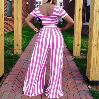 Striped Short Sleeve Crop Top & Wide Leg Pants Set