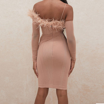 Solid  Feather Design Long Sleeve Bodycon Dress