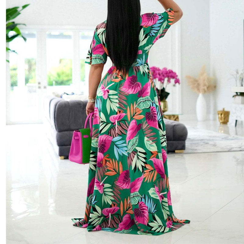 Print V-Neck Short Sleeve Loose Maxi Dress