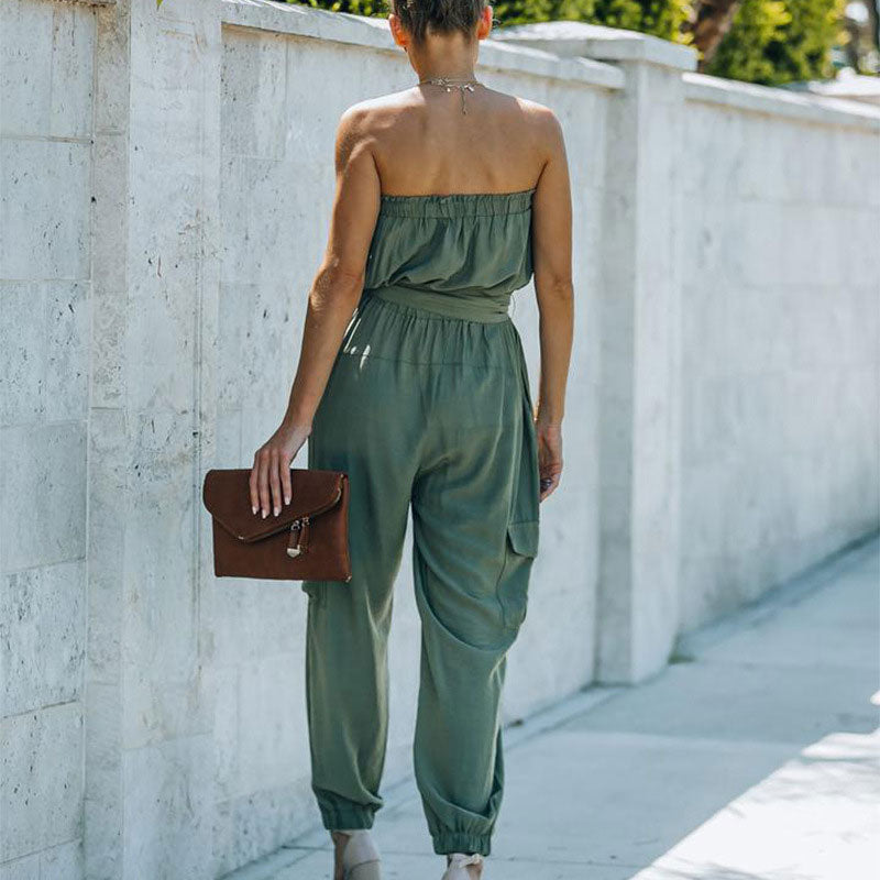 Solid Off Shoulder Belted Jumpsuit