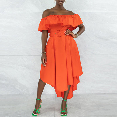 Solid Off Shoulder Ruffle Design Asymmetrical Dress