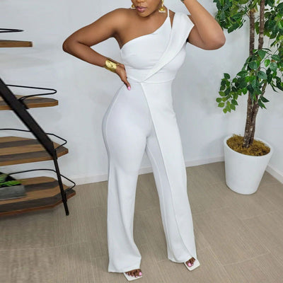 Solid One Shoulder Sleeveless Wide Leg Jumpsuit