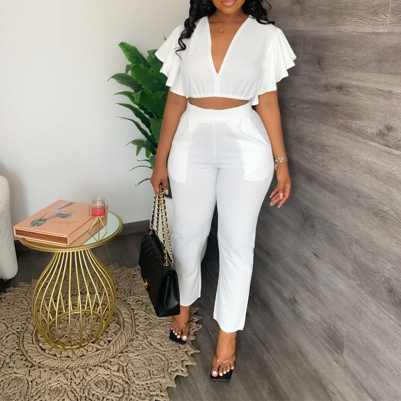 Solid V-Neck Ruffles Crop Top & Pants Set