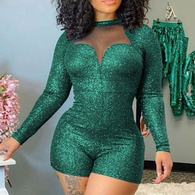 Glitter Long Sleeve Sheer Mesh Patchwork Romper