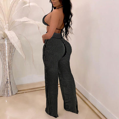 Rhinestone Halter Bra & Wide Leg Pants Set