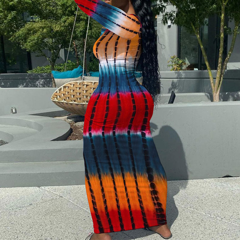 Tie Dye Print Deep V-Neck Maxi Dress