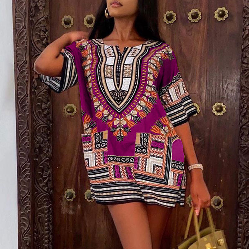 Print Round Neck Long Sleeve Mini Dress