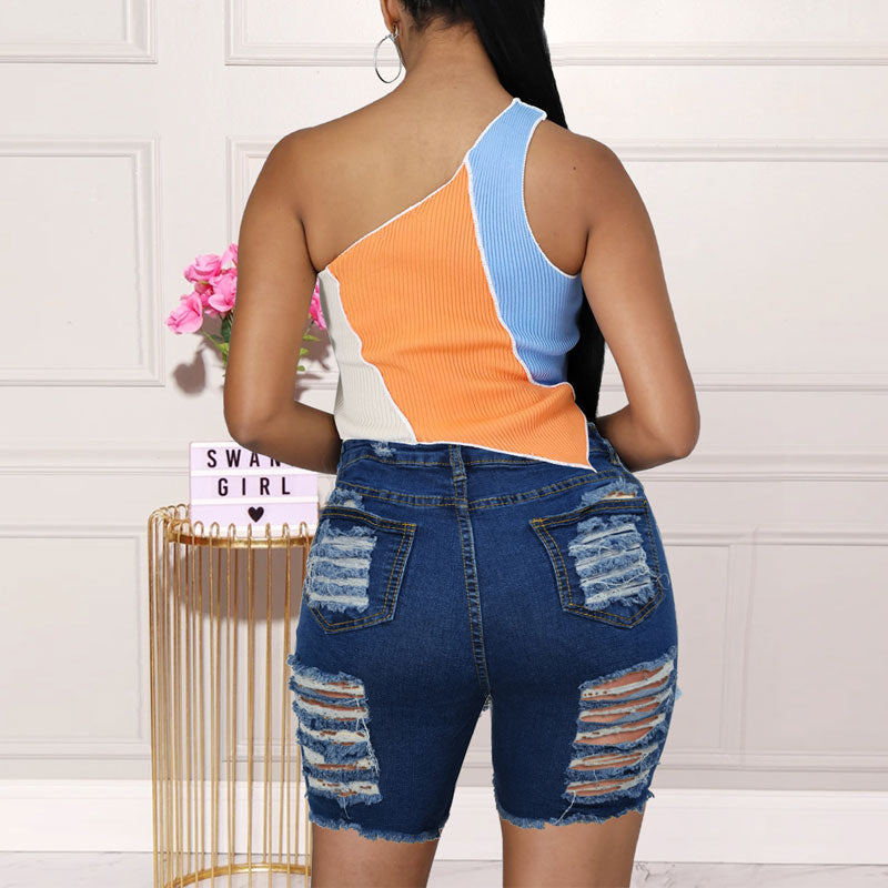 Solid High Waist Ripped Denim Shorts