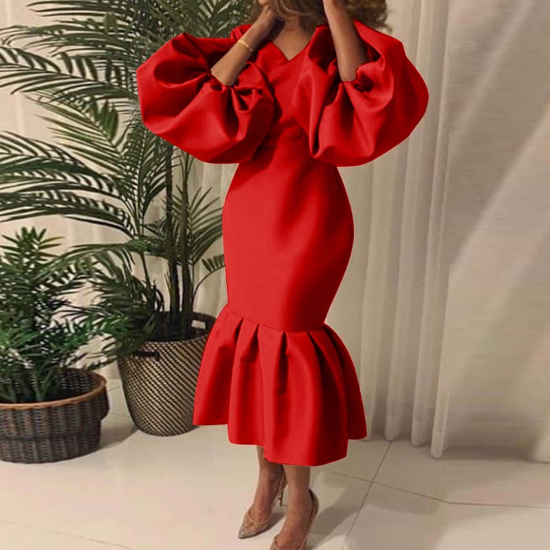 Solid V-Neck Puff Sleeve Ruffle Design Maxi Dress