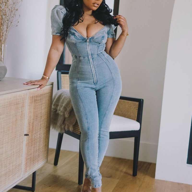 Solid Puff Sleeve Zipper Design Denim Jumpsuit