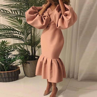 Solid V-Neck Puff Sleeve Ruffle Design Maxi Dress