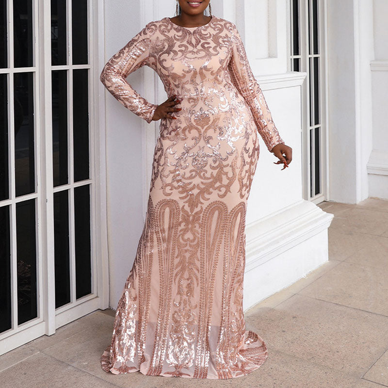 Sequins Round Neck Long Sleeve Floor-Length Plus Size Evening Dress