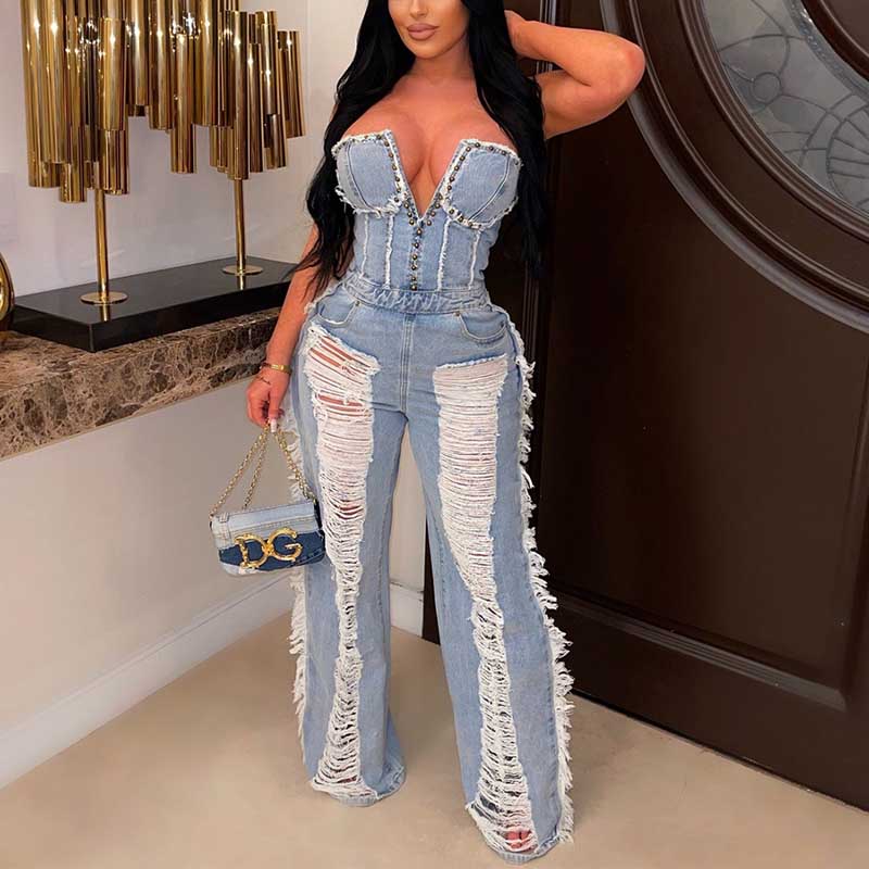 Solid V-Neck Cut Out Denim Jumpsuit